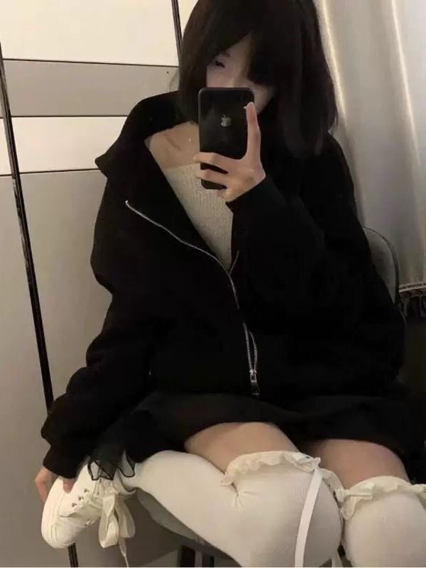 美式黑色开衫连帽衫卫衣女春秋宽松百搭慵懒风加绒开衫外套潮ins
