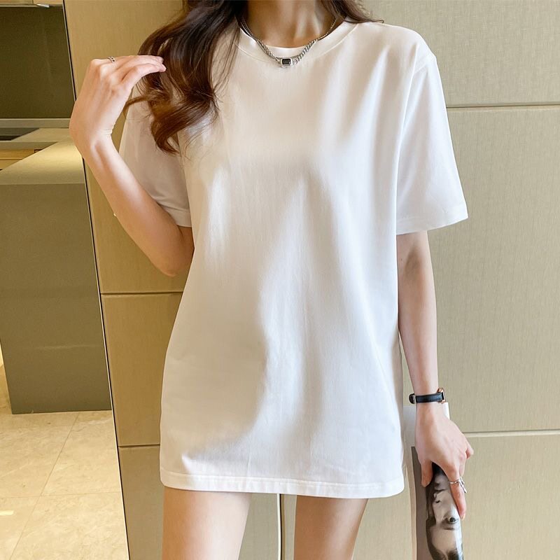 中长款短袖t恤女夏季宽松纯白色纯棉长款上衣遮屁股半袖遮臀体恤