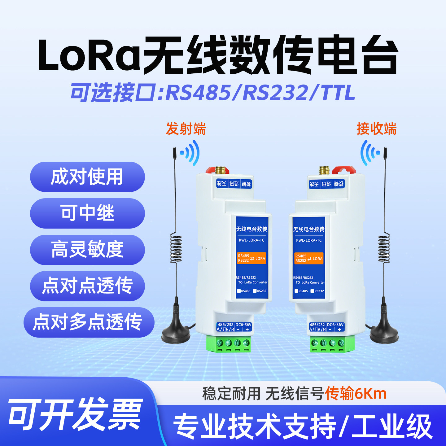 LoRa无线数传电台串口RS485通讯232双向透传输发接收模块中继组网