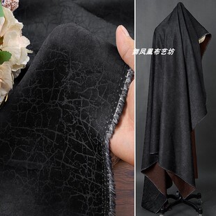 黑色 重磅龟裂纹香云纱肌理提花面料 新中式上衣旗袍裤子复古布料