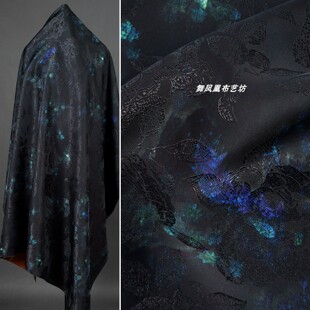 优雅复古 黑色 牡丹提花香云纱花萝面料 中国风旗袍汉服上衣裙子