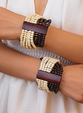 手链小木片高级编绳个性椰壳黑白众感手饰欧美撞色串珠女多层弹力