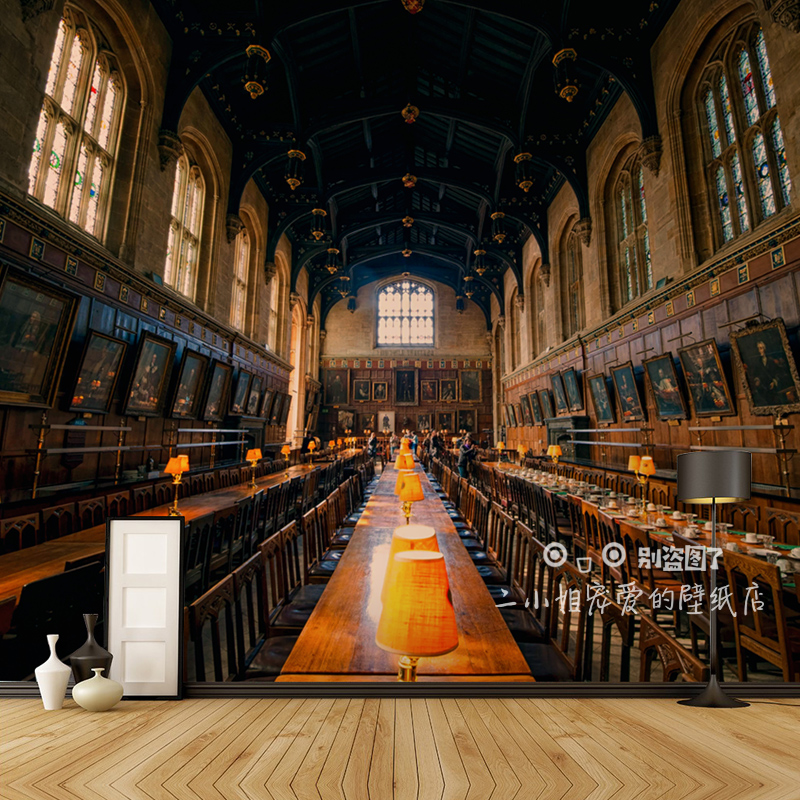 哈利波特壁纸魔法学院哥特式建筑壁画图书馆主题酒店餐厅包厢墙纸