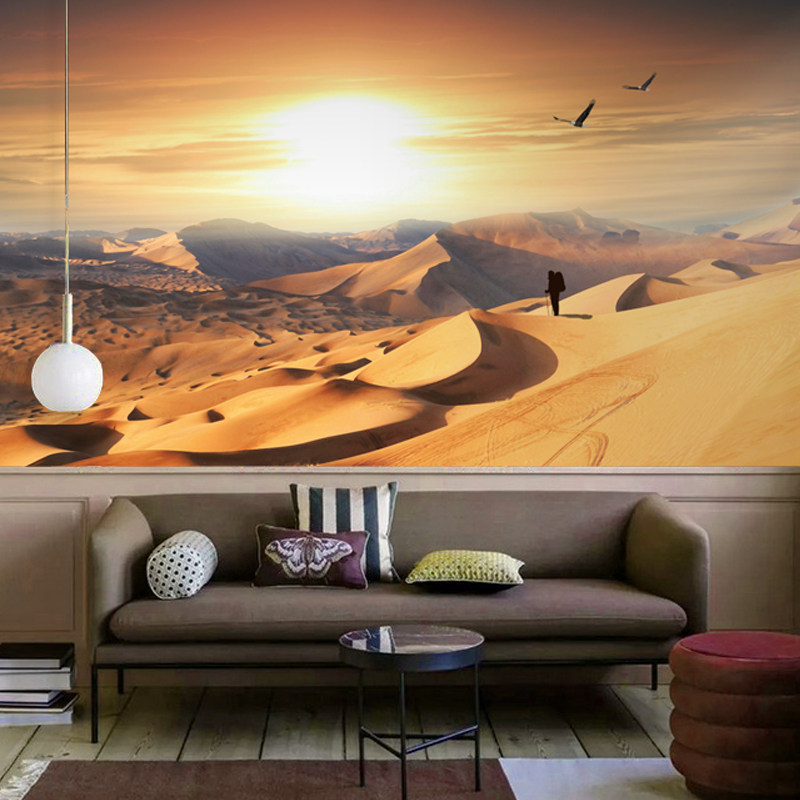 餐厅壁纸 新疆风格酒店背景墙ktv壁画墙纸沙漠胡杨骆驼新疆风景