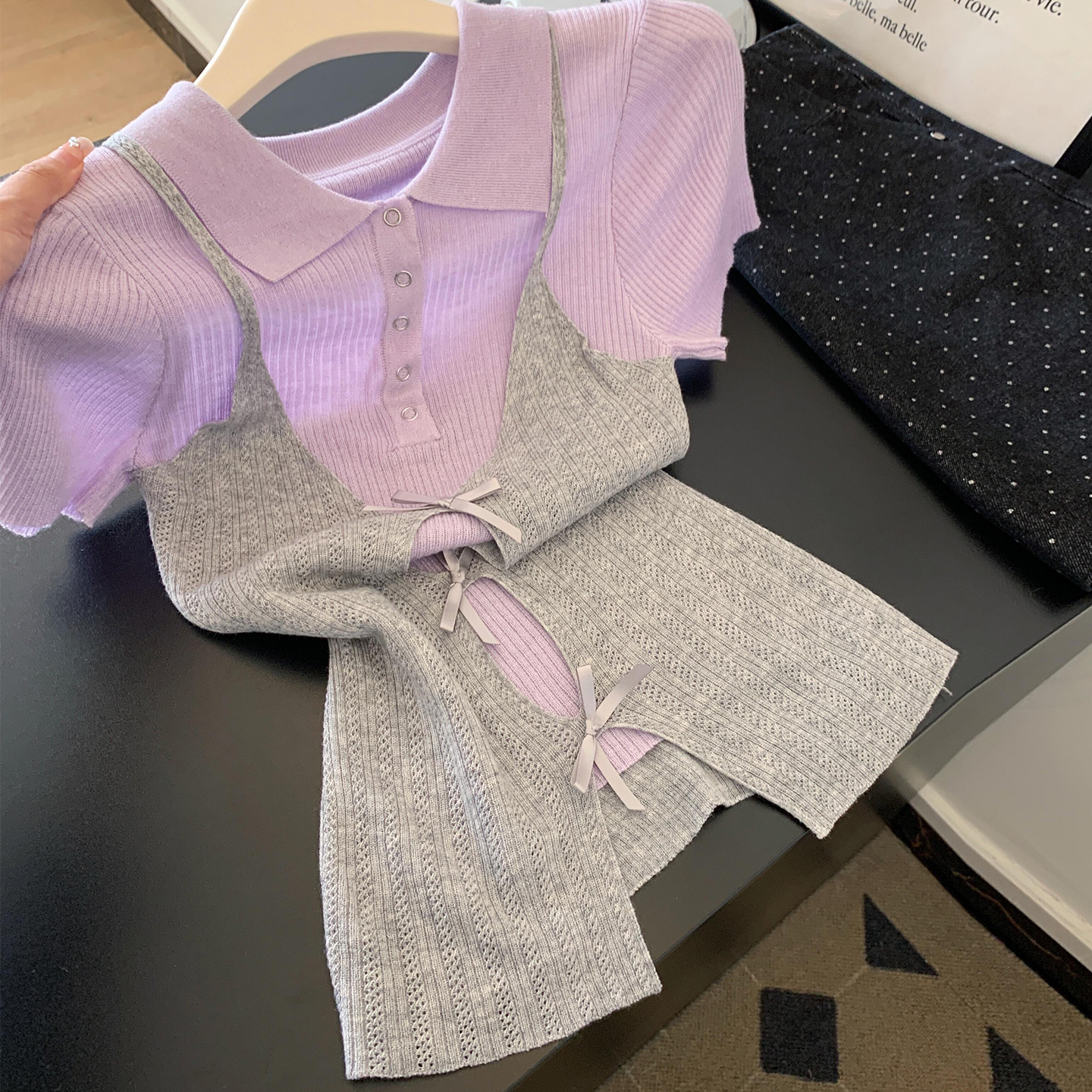 扶摇studio灰紫色polo衫针织假两件短袖T恤女2025夏天巨好看上衣