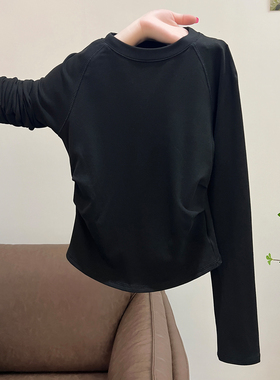 白色圆领褶皱修身打底内搭长袖T恤女2025新款基础款早秋穿搭上衣