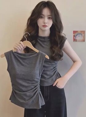 辣妹风灰色褶皱收腰无袖t恤女2026新款独特漂亮初夏上衣通勤穿搭