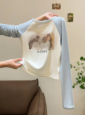 蓝色圆领印花T恤内搭可外穿打底衫女2025新款女长袖早秋chic上衣