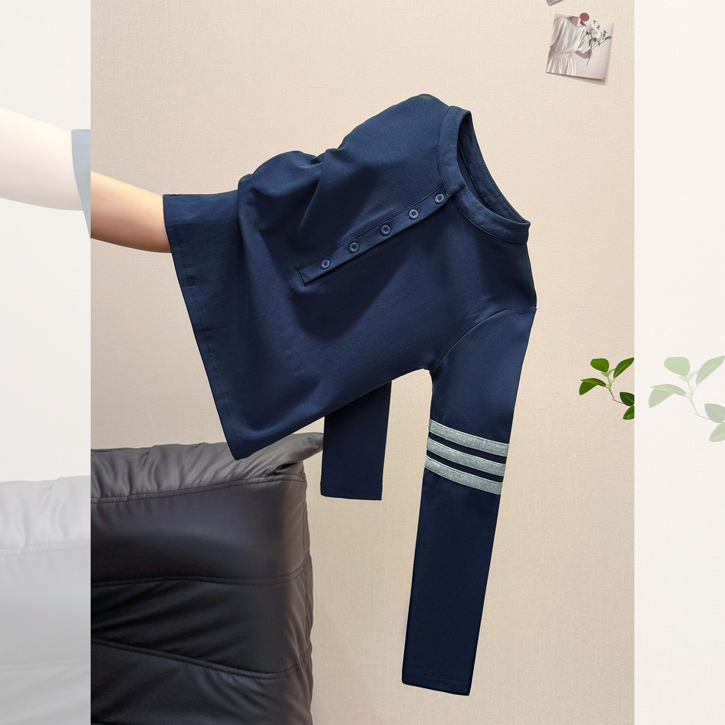 韩系藏青色亨利领长袖T恤