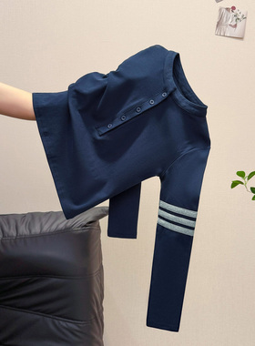 扶摇studio韩系藏青色亨利领长袖T恤女早秋穿搭三条杠设计感上衣