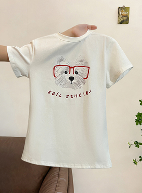 美式白色小狗印花正肩短袖t恤女夏夏季修身短款体恤纯棉半袖上衣