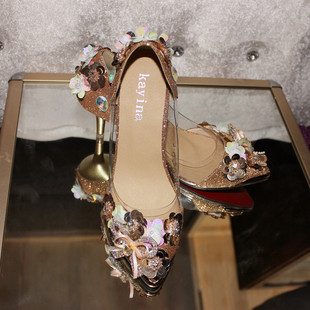 YAOHZ妖狐族箭头透明金色小高跟宴会瓢鞋水钻进口亮片梦幻水晶鞋