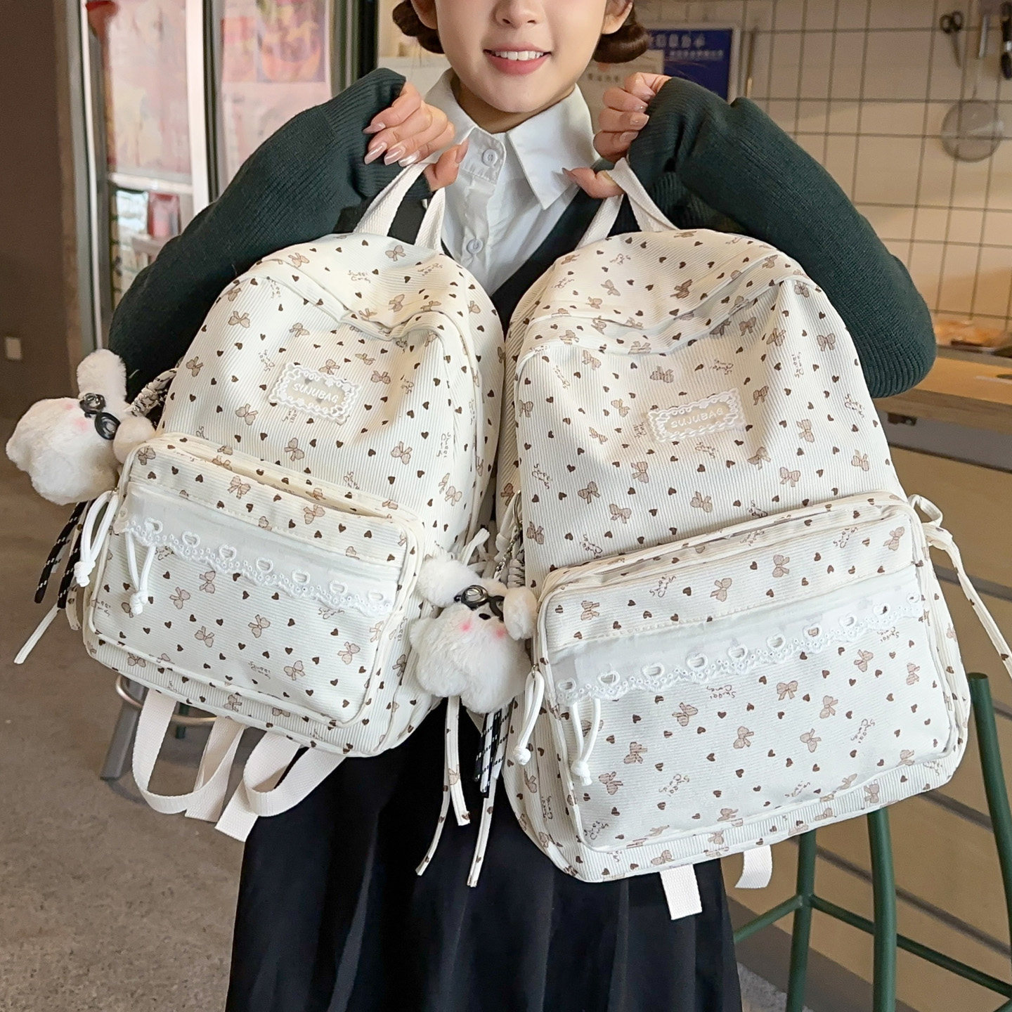 双肩包女学生休闲条绒书包