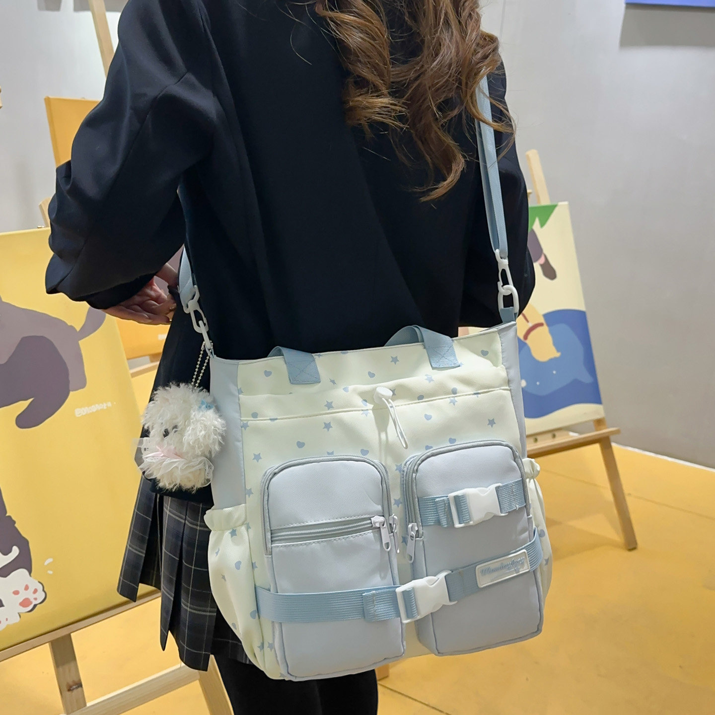 可爱日系多口袋托特包女学生大容量手提斜挎包通勤包单肩补课包