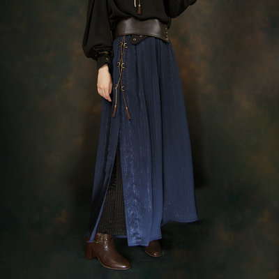 taobao agent Mr. Yi's steam continental Tibetan blue -brightly silk chiffon metal chain neutral loose wide -leg pants and pants Song pants