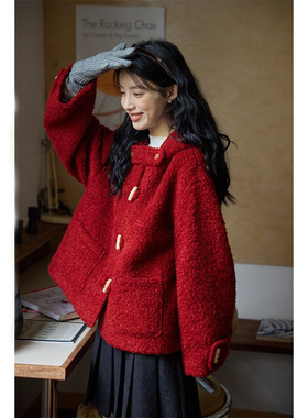 Nov elist什一 红色牛角扣短款连帽大衣秋冬高级感圈圈毛呢外套女