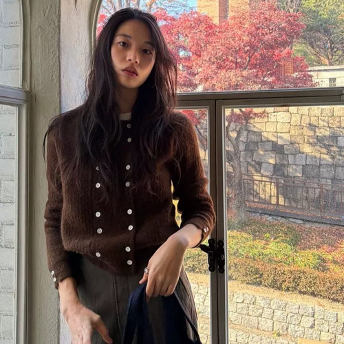 生2025冬季新韩国东大门vi*plain气质纯色毛衣圆领双排扣针织开衫