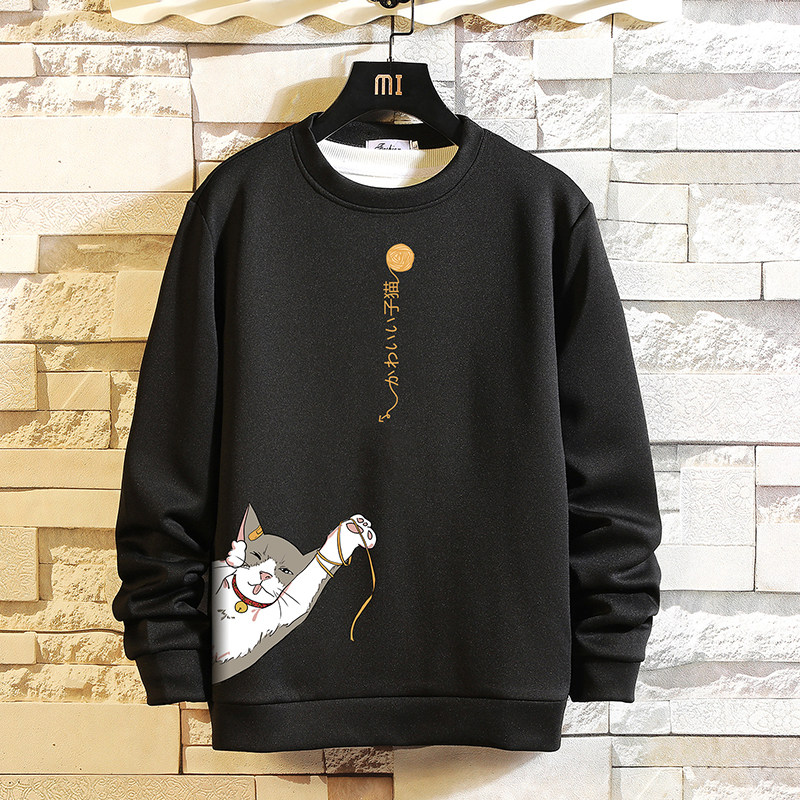 T4013-P25猫咪卡通印花长袖t恤男青少年胖子大码套头卫衣上衣,男装卫衣,电商A040A