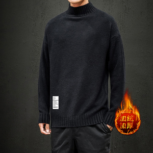 M18045加绒款-P65 半高领加厚加绒毛衣男大码胖子针织衫保暖外套图片
