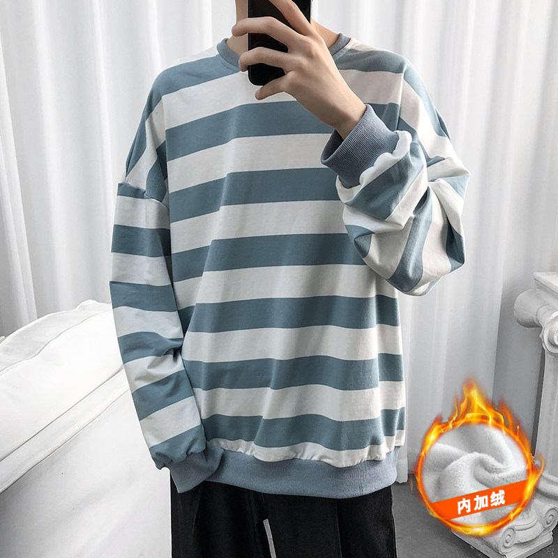 S6666加绒-P50 网红港风条纹圆领卫衣男加肥加大码宽松内搭长袖外图片