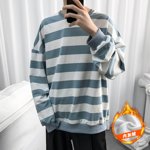 S6666加绒-P50 网红港风条纹圆领卫衣男加肥加大码宽松内搭长袖外图片