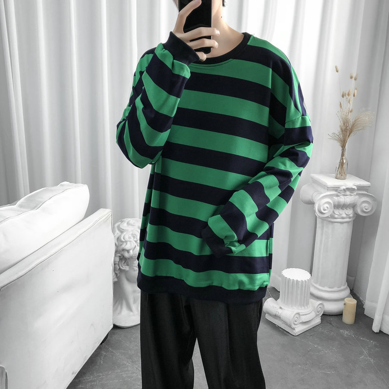 S6666-P40网红港风条纹圆领卫衣男加肥加大码宽松内搭长袖外套,男装卫衣,电商A040A