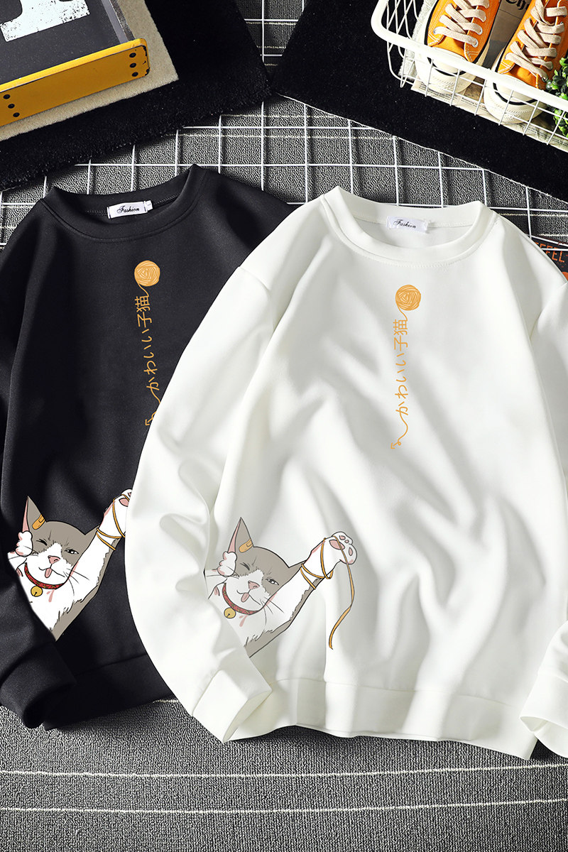 T4013-P25猫咪卡通印花长袖t恤男青少年胖子大码套头卫衣上衣,男装卫衣,电商A040A