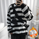 S6666加绒-P50网红港风条纹圆领卫衣男加肥加大码宽松内搭长袖外，男装卫衣，电商A040A