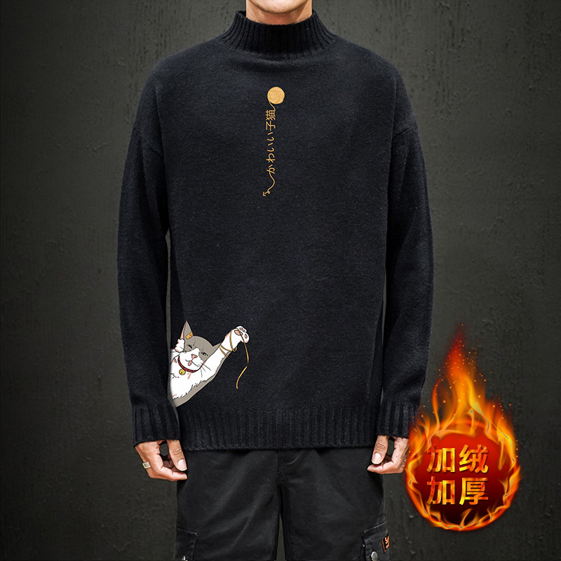 M18013加绒款-P65 半高领加厚加绒毛衣男大码胖子针织衫保暖外套图片