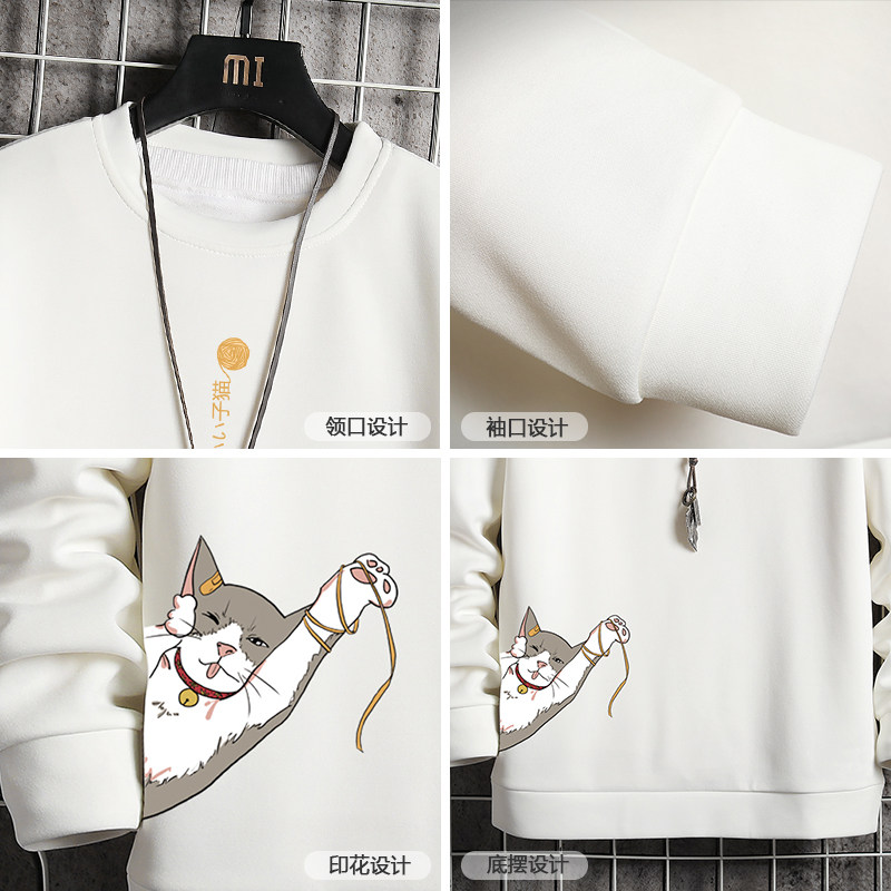 T4013-P25猫咪卡通印花长袖t恤男青少年胖子大码套头卫衣上衣,男装卫衣,电商A040A