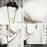 T4013-P25猫咪卡通印花长袖t恤男青少年胖子大码套头卫衣上衣，男装卫衣，电商A040A