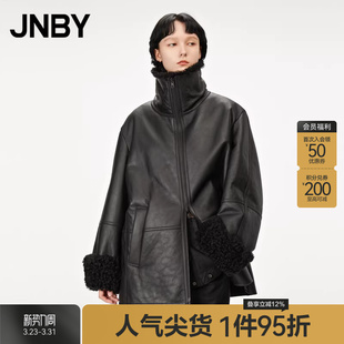 JNBY 通勤夹克 江南布衣秋冬羊毛革皮衣外套女休闲立领宽松长袖