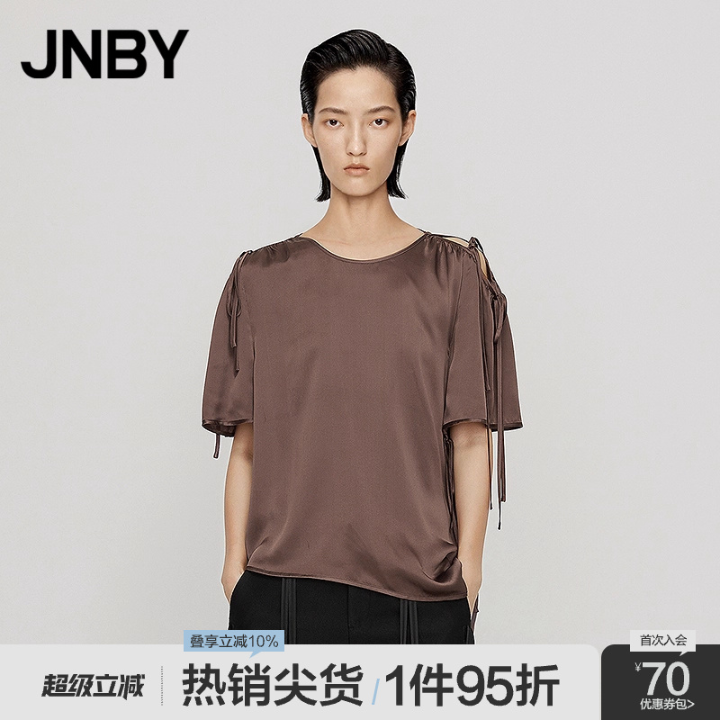 JNBY/江南布衣折扣春夏衬衫女套头蝴蝶结绑带光泽感圆领短袖通勤