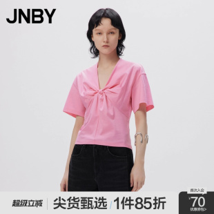 JNBY 简约棉质通勤 江南布衣折扣春夏T恤女短袖 上衣V领短款