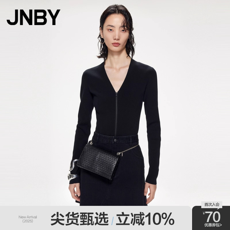 【断码清仓】JNBY/江南布衣折扣春夏针织衫V领拉链开衫长绒棉修身