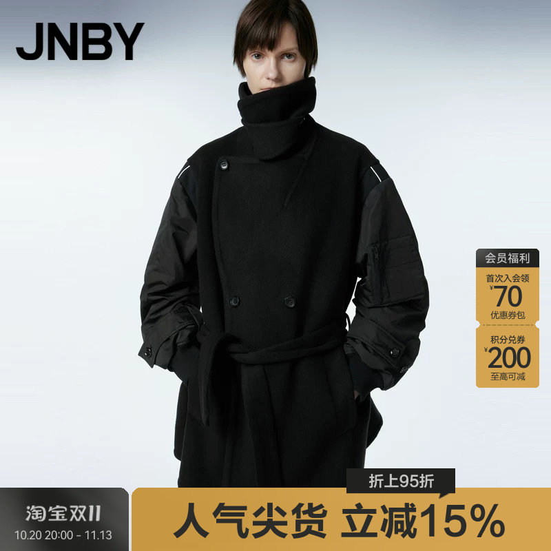 JNBY/江南布衣秋冬毛呢外套女中长款拼接设计翻领简约双面呢大衣