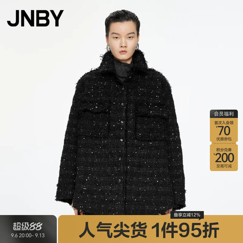 JNBY/江南布衣秋冬羽绒服衬衫领复古小香风珠片花呢5O0C15360