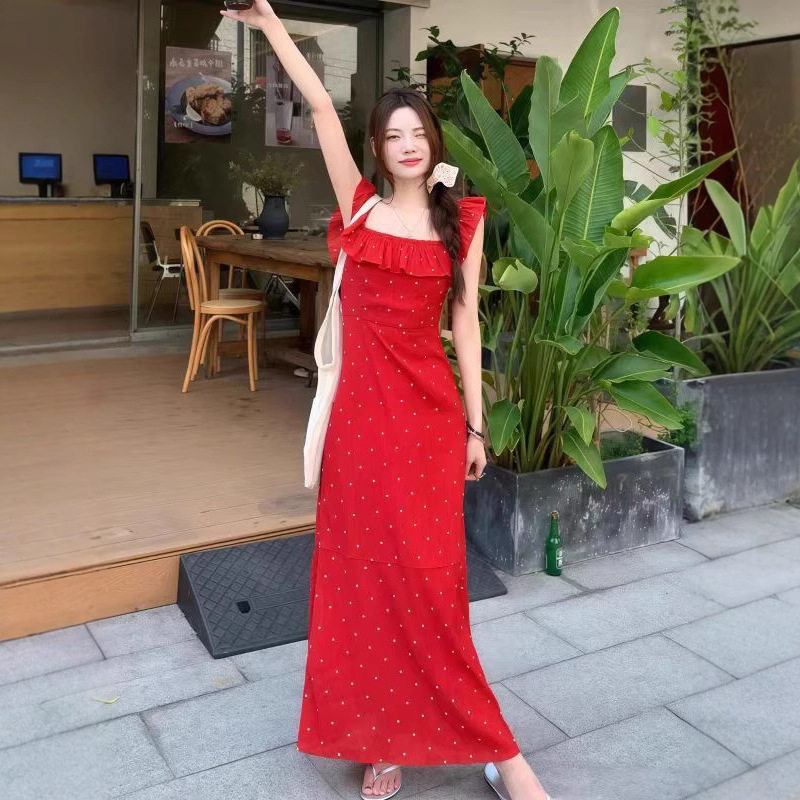 小飞袖法式波点红色吊带连衣裙子连衣裙