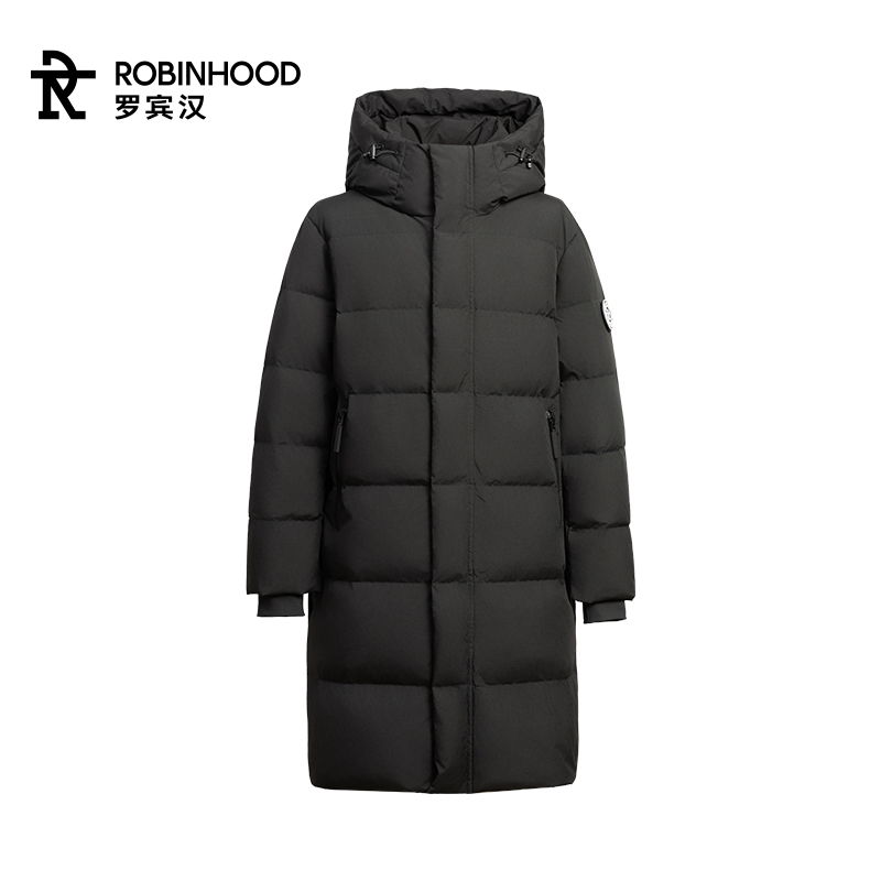 罗宾汉三防长款黑色羽绒服白鸭绒