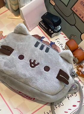 卡通胖灰猫毛绒化妆包零钱包可爱猫咪女生手机包双层拉链 笔袋