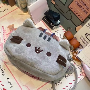 笔袋 卡通胖灰猫毛绒化妆包零钱包可爱猫咪女生手机包双层拉链