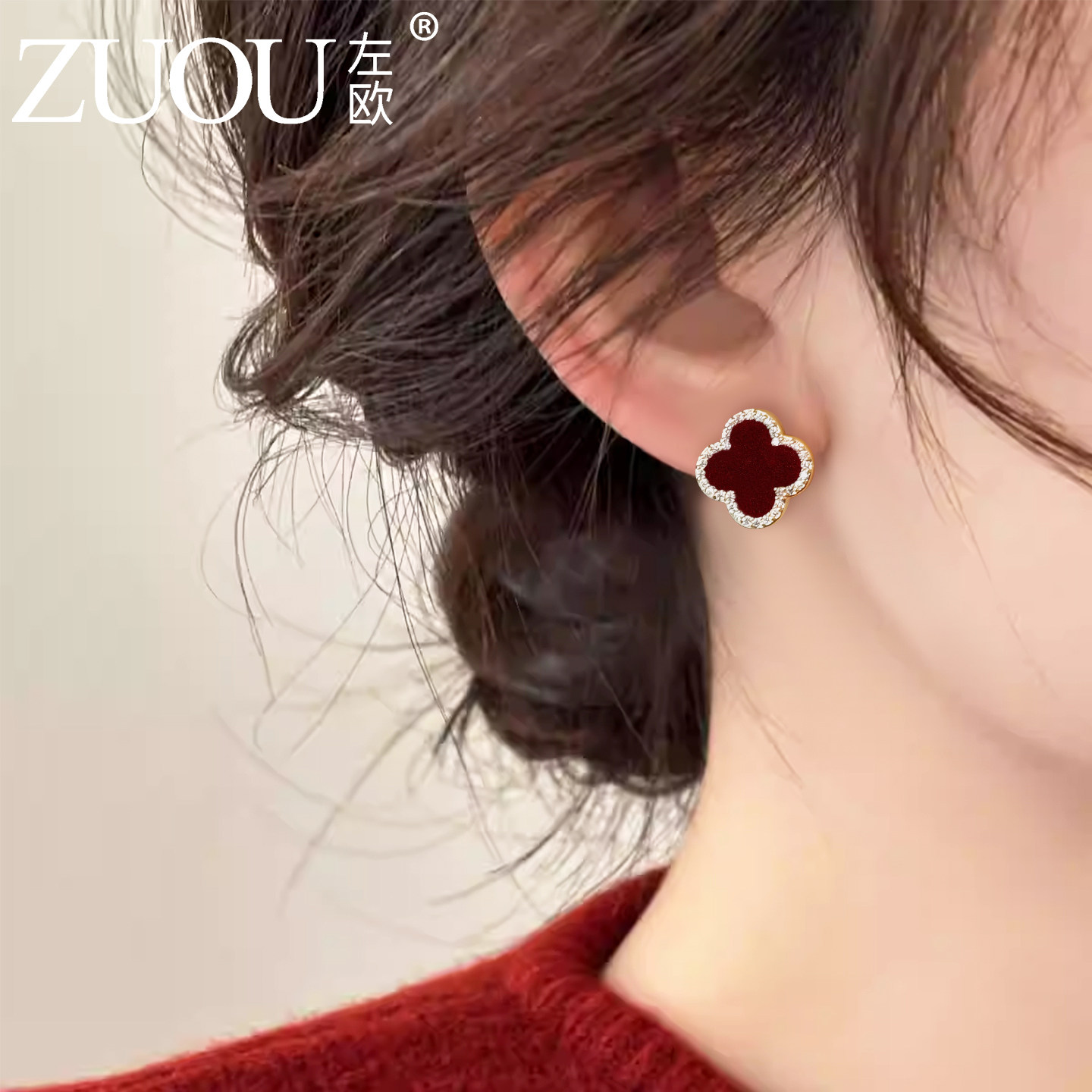 显白提气色红耳钉S925银针防过敏