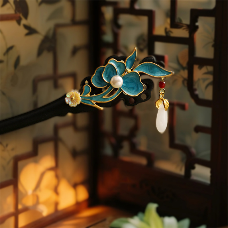 蓝色发簪滴油花朵珍珠流苏手工