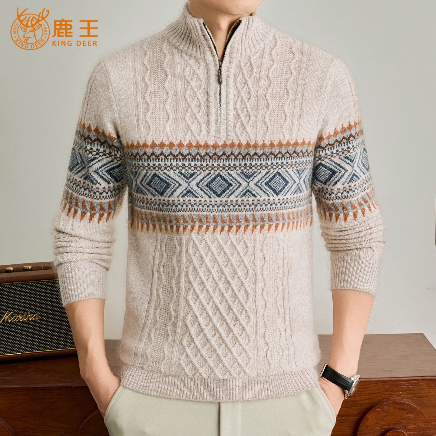 鹿王冬季100%山羊绒衫男士立领拉链提花针织衫商务时尚保暖毛衣