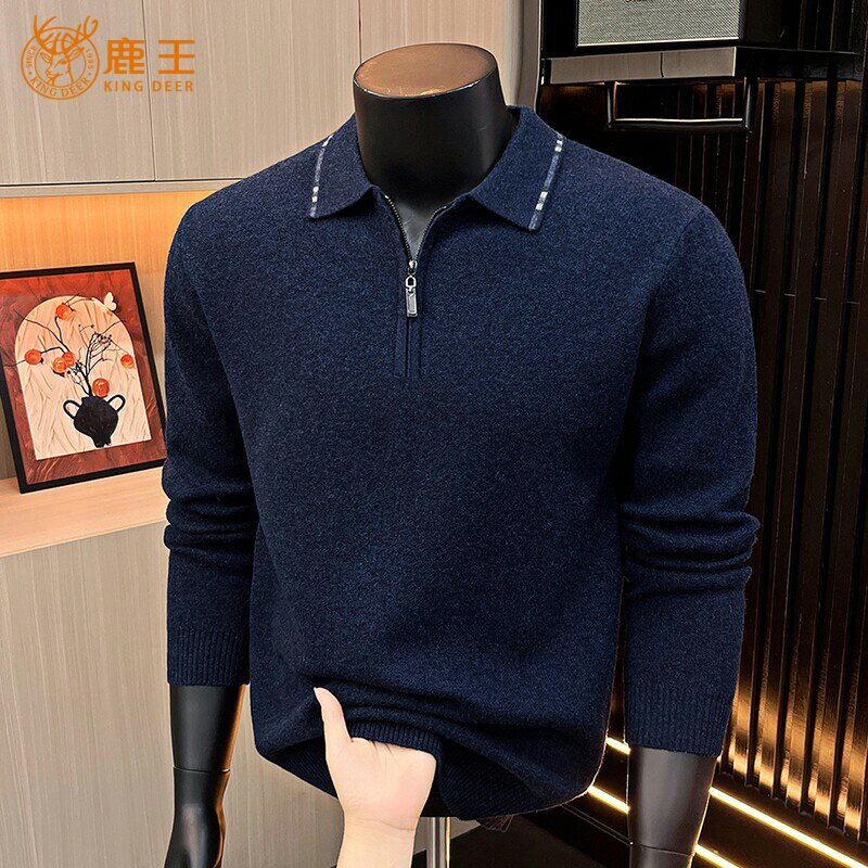 鹿王纯羊绒半拉链男士POLO衫