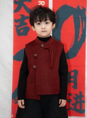 过年红色中式儿童拜年服2024秋冬季新款羊毛男童女童汉服毛呢马甲