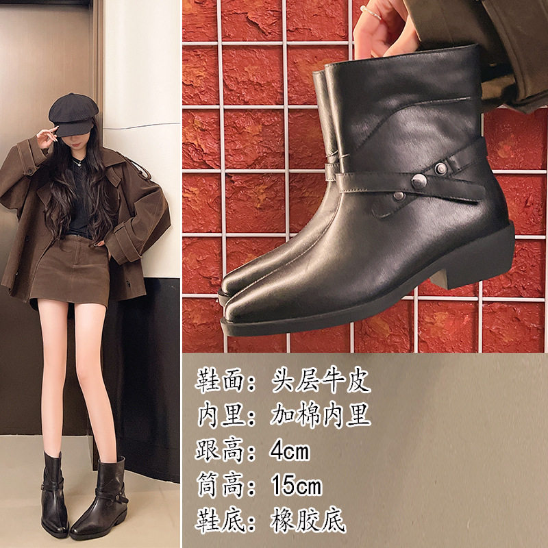 头层牛皮加绒马丁短靴女款2025冬