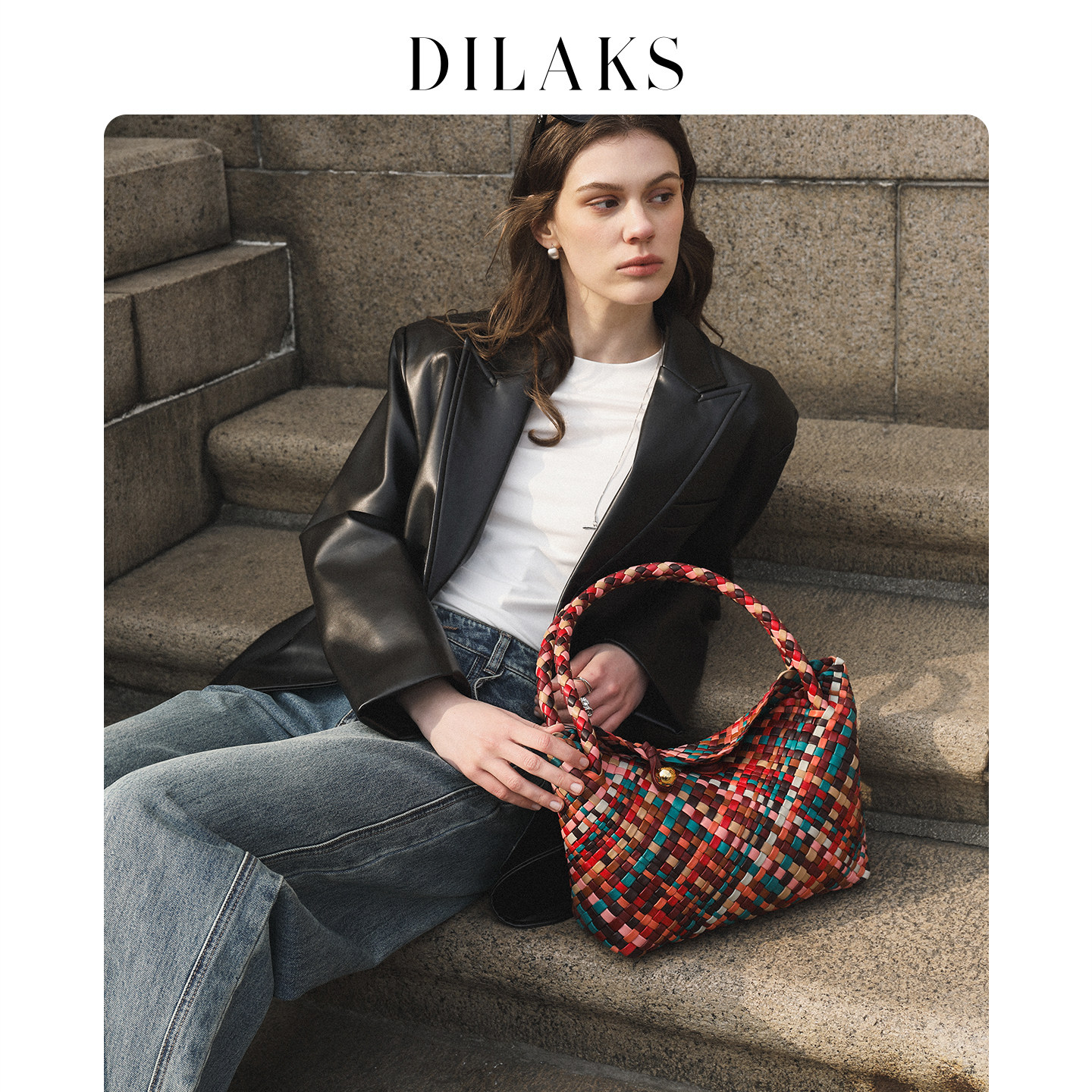 DILAKS迪莱克丝正品女包羊皮编织包真皮hobo包通勤百搭单肩斜挎包