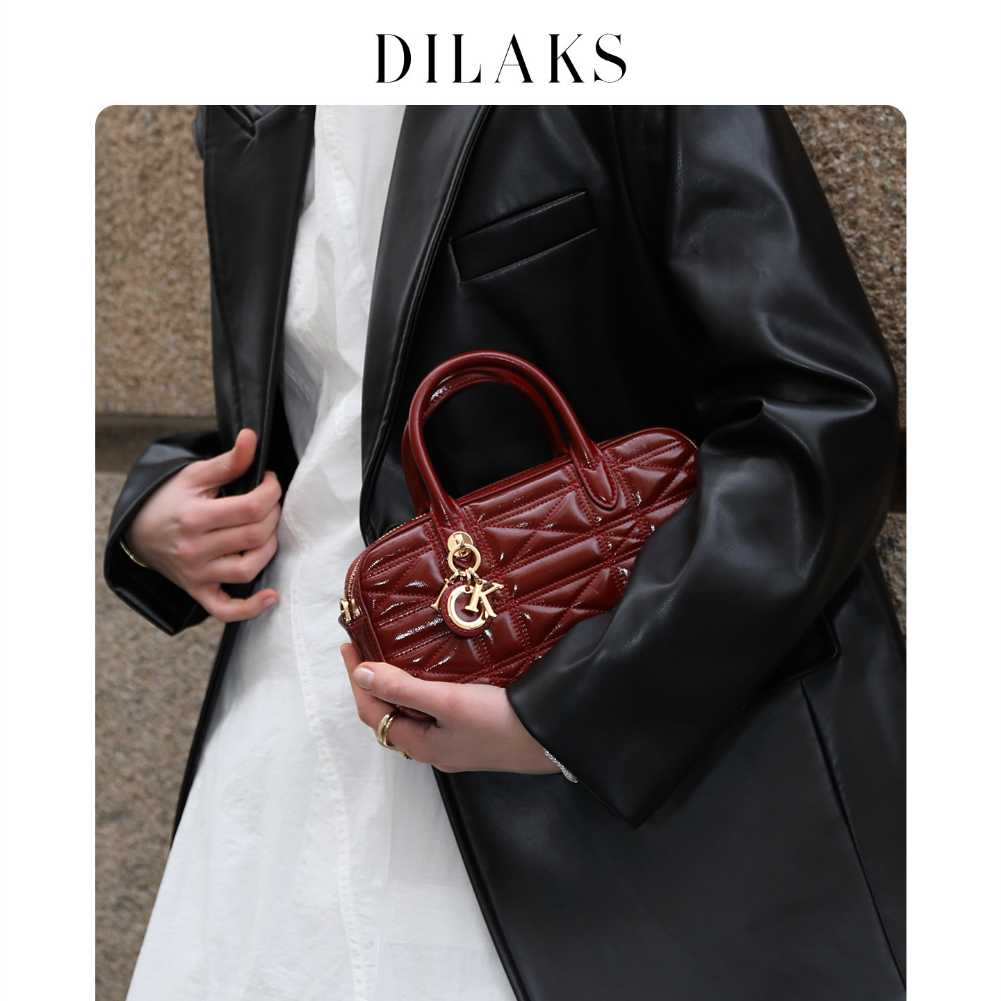 【新年礼物】DILAKS通勤百搭真皮菱格手提包女红色婚包轻奢斜挎包