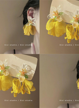 被花宠爱！黄色花瓣耳环！氛围感法式耳钉夸张出游耳饰品盘发器女